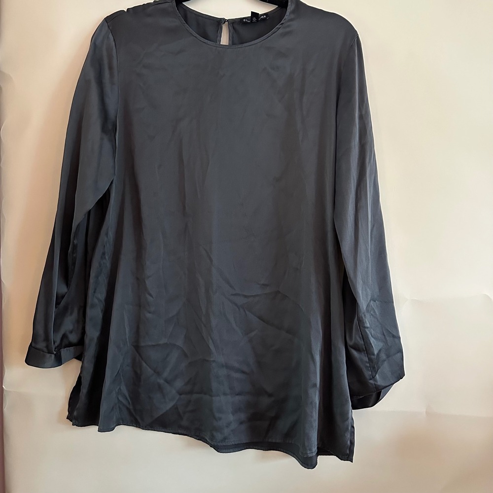 Eileen Fisher Silk Blend Long Sleeve Tunic Top Charcoal Grey M/M RN78121